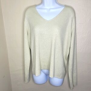New York & Company Ivory Metallic V-Neck Sweater Long Sleeve Women's XL